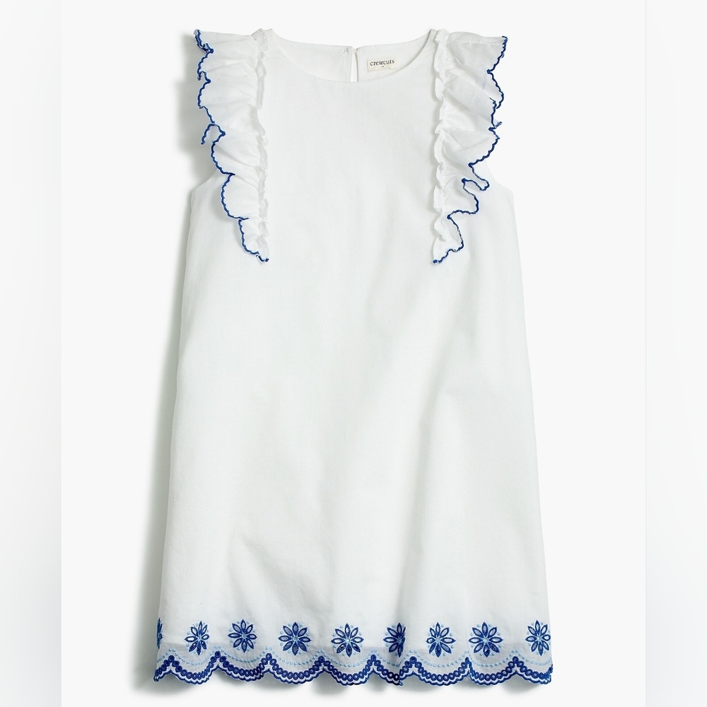 New! Crewcuts Sz 7 Girls White Scalloped Hem Blue Embroidered Shift Dress NWT